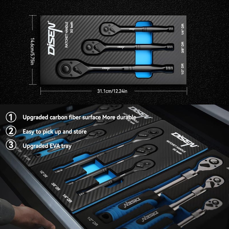 DISEN 3PCS Black Ratchet Set (1/2", 3/8", 1/4" Drive) - 90-Tooth Contour Handle, Black Oxide Finish with Reversible Quick Release & EVA Tray - Industrial Ratchet Wrench Kit - Image 5